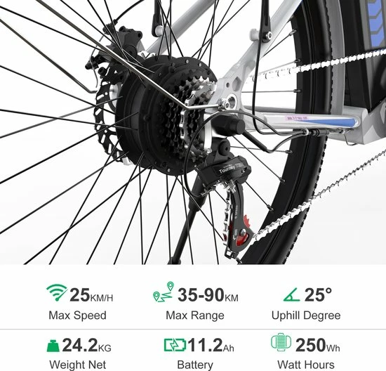 HITWAY Elektrische Fiets, 26 Inch, 250 W Motor, Li-batterij 36 V/11,2 Ah Ebike, Shimano 7 Versnellingen, Tot 35-90 Km 4 HITWAY Elektrische Fiets, 26 Inch, 250 W Motor, Li-batterij 36 V/11,2 Ah Ebike, Shimano 7 Versnellingen, Tot 35-90 Km - Afbeelding 4