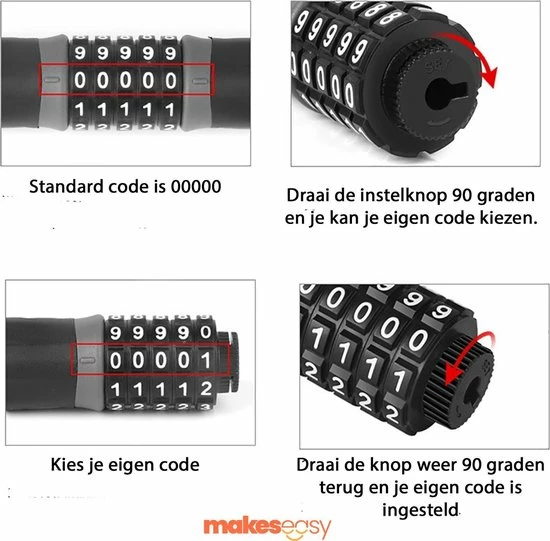 Makes Easy Cijferslot Fietsslot | Cijferslot | 5 Cijferig | 120 CM - 2.5 CM DIK | Anti Diefstal Fietsslot | Zwart 4 Makes Easy Cijferslot Fietsslot | Cijferslot | 5 Cijferig | 120 CM - 2.5 CM DIK | Anti Diefstal Fietsslot | Zwart - Afbeelding 4