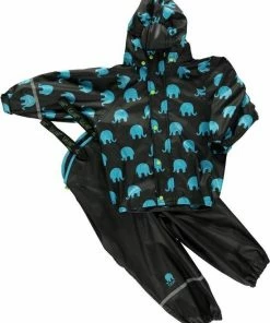 CeLaVi - Regenpak Met Olifant Print Voor Kinderen- Zwart - Maat 130 (128-134cm)